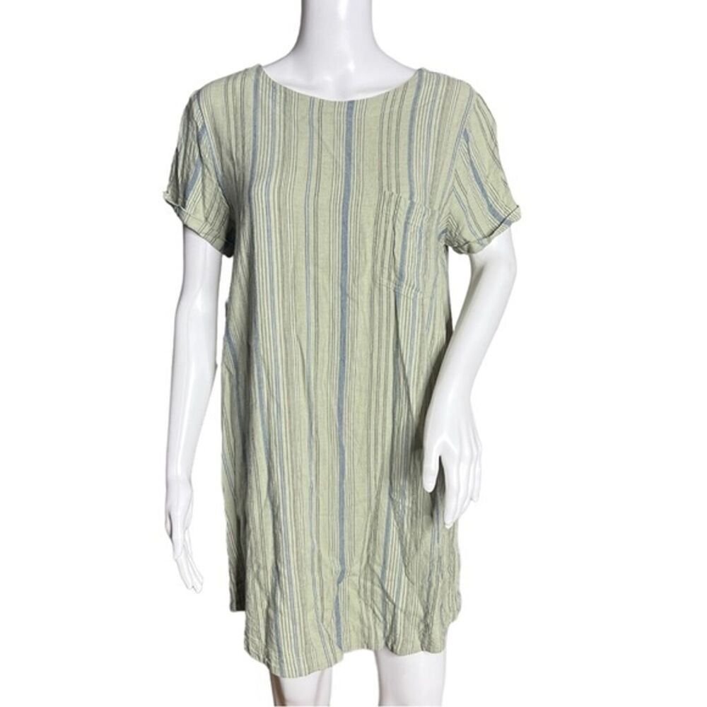 Cloth & Stone Dress Womens Medium Green Blue Striped Button Back Casual Everyday